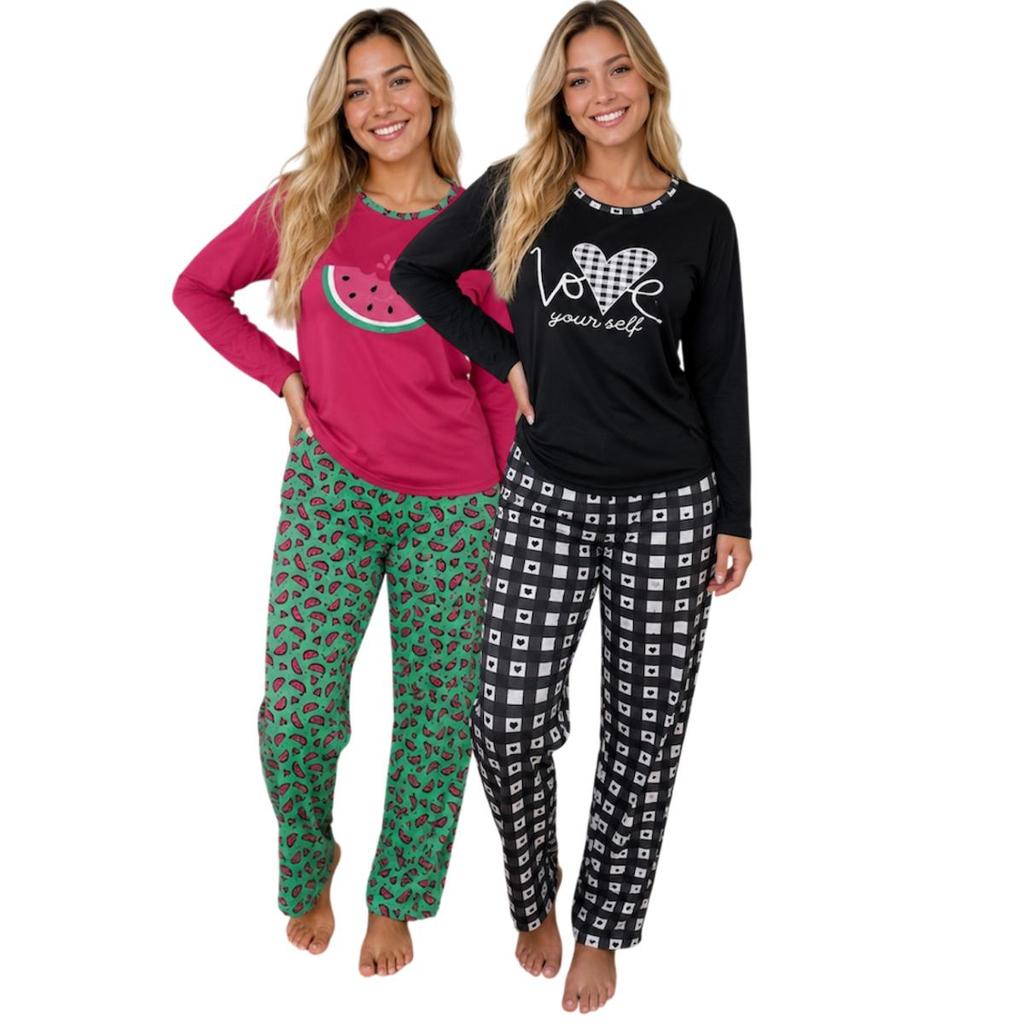Kit 2 Pijama Longo Feminino Malha Inverno Calça e Blusa De Manga Comprida Confortável