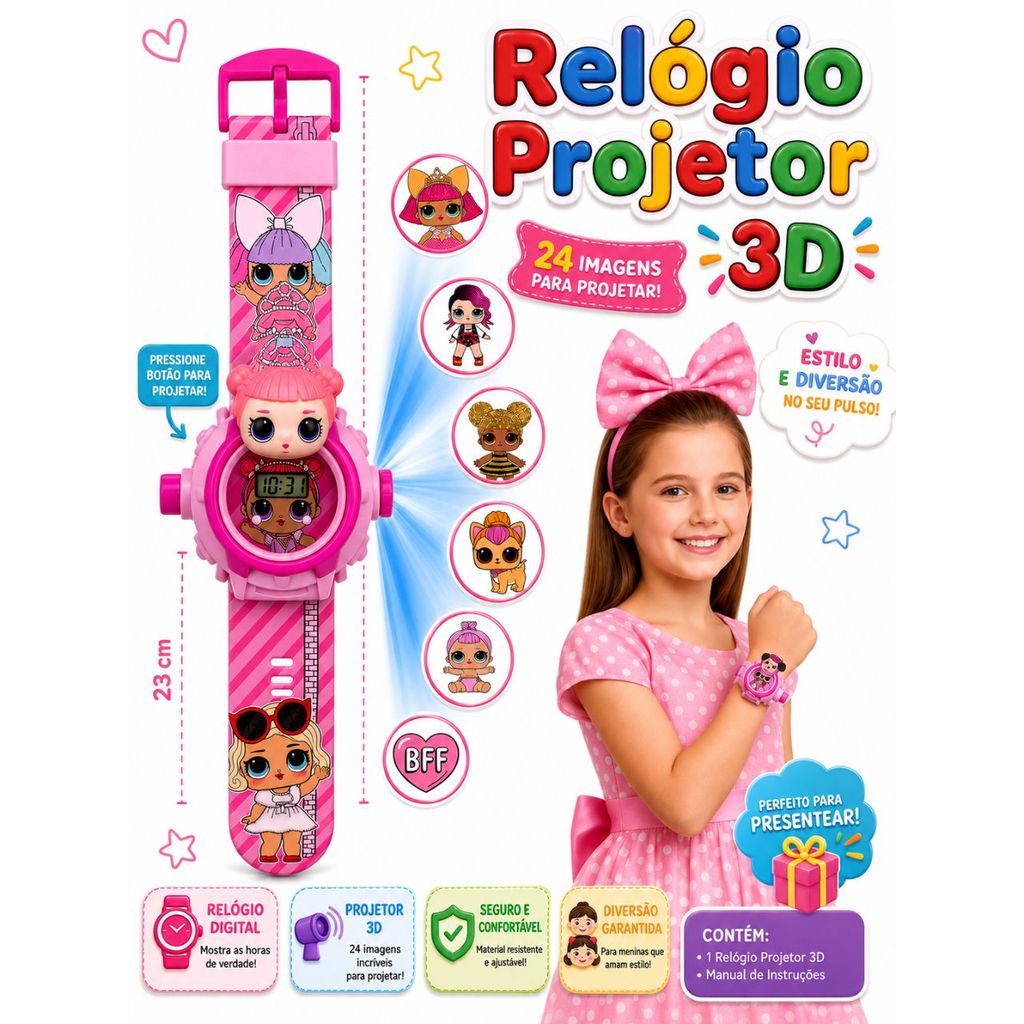 Relógio Infantil c/ Projetor 3D Personagens Meninas Princesas Barbie LOL