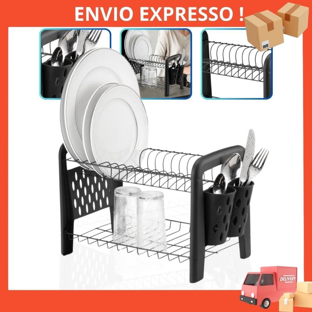 Escorredor Louca Pratos Copos Talheres Secador Porta Talheres Não Enferruja Preto