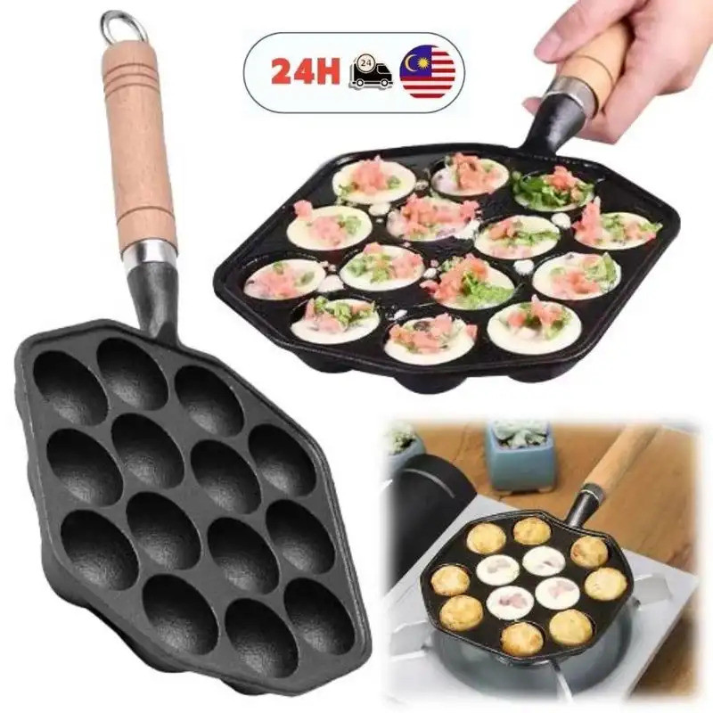 Entrega local na Malásia ​   Chapa de Ferro Fundido Antiaderente para Takoyaki com 14 Furos, Utensílio de Cozinha para A