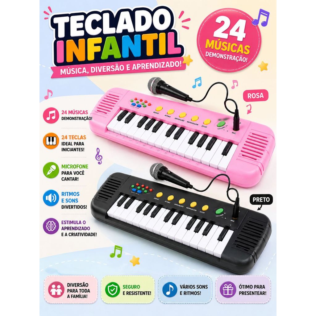 Teclado Infantil Karaokê com Microfone Brinquedo Interativo
