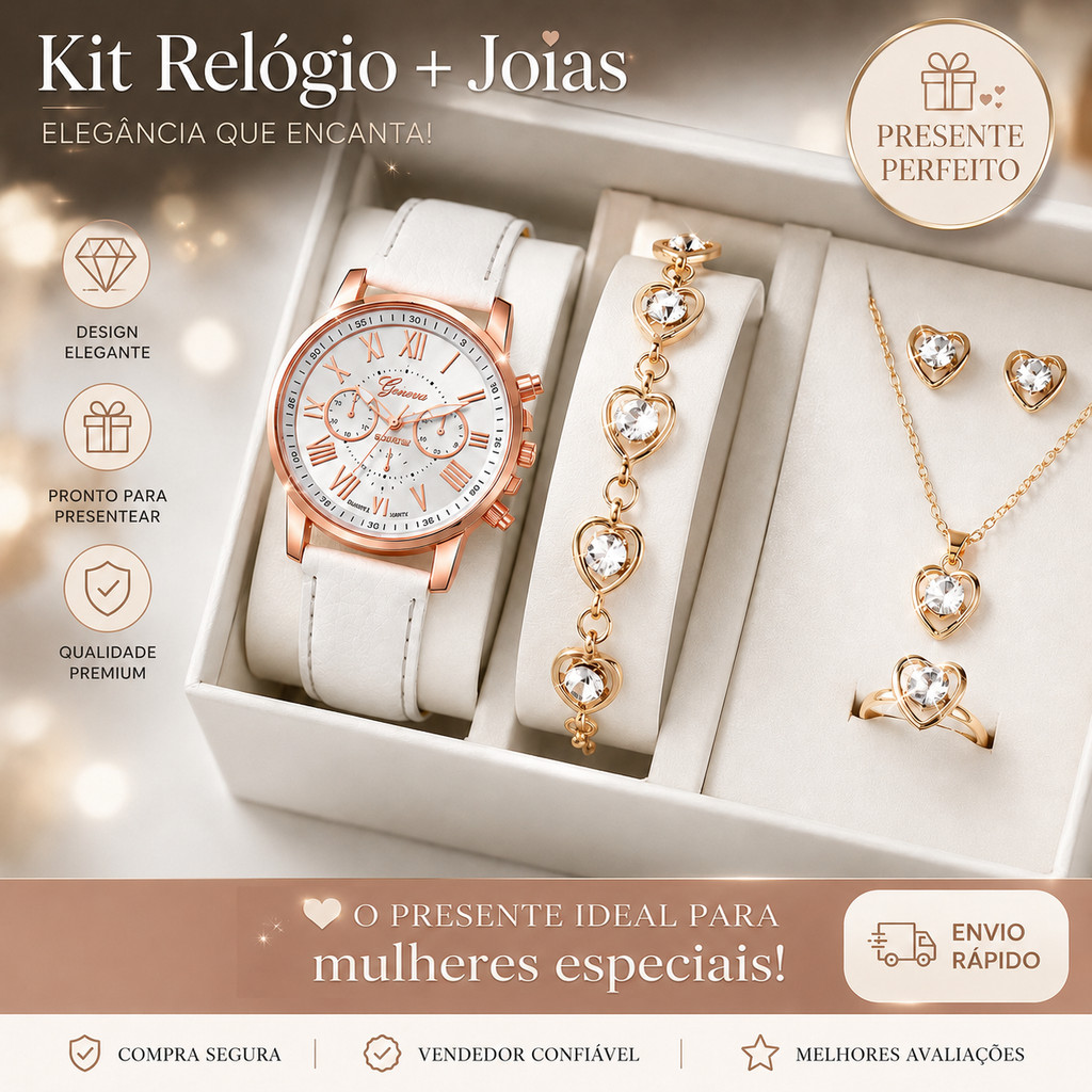 Relógio Feminino Floral Elegante com Conjunto de Joias Presente
