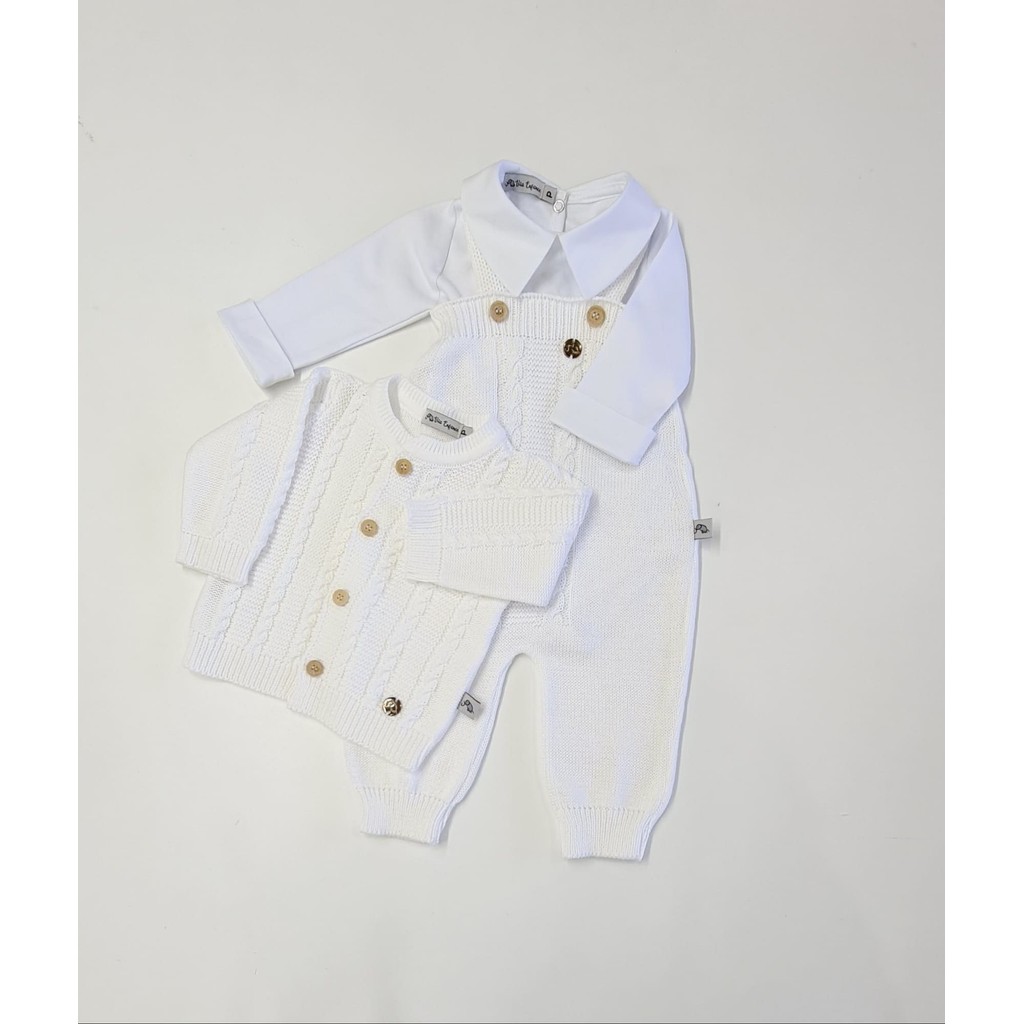 Conjunto Batizado Romper,Cardigan e Body infantil tricô antialérgico