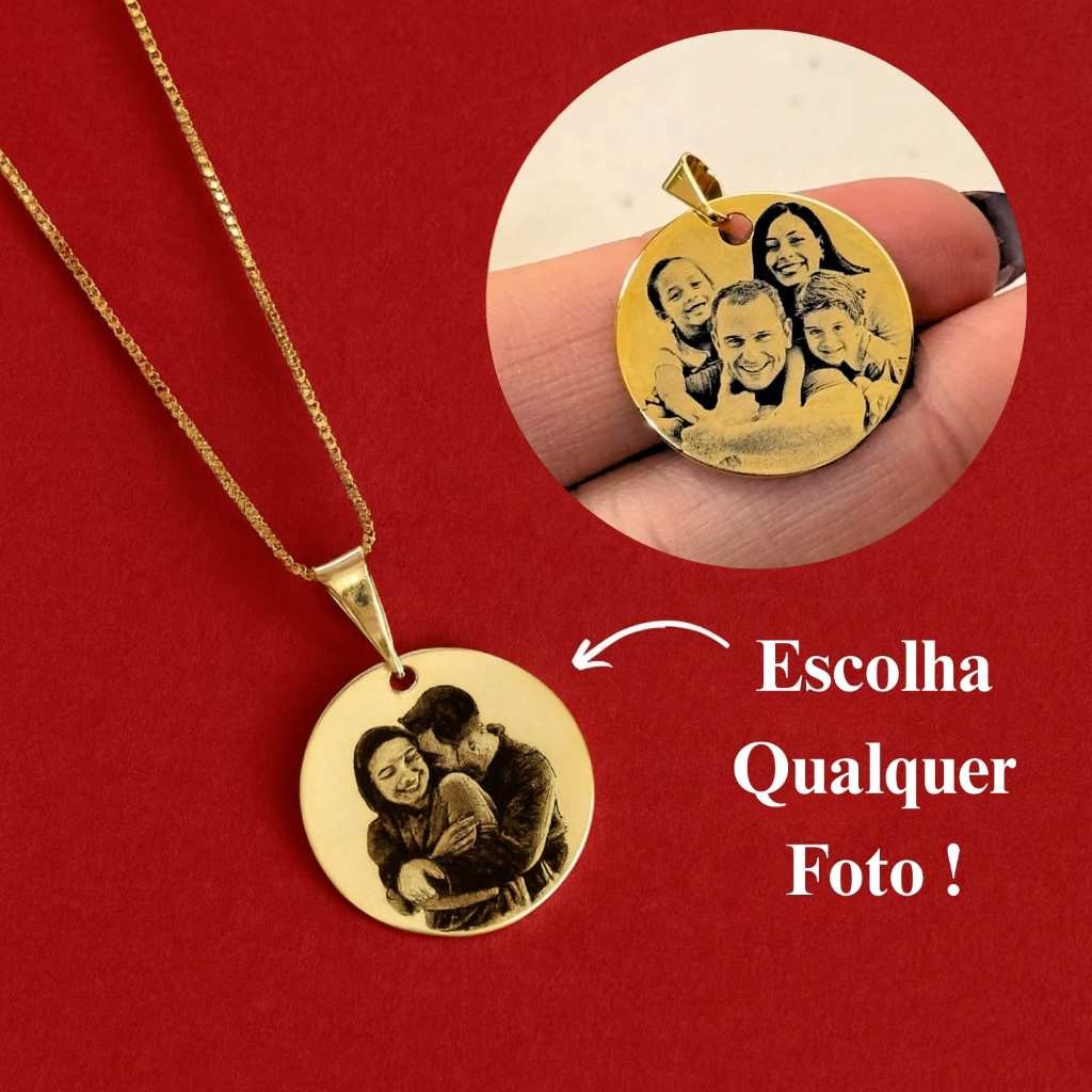 Colar Personalizado Feminino 17mm Foto Gravação (45cm) Banhado a Ouro 18k Anti Alérgico Presente Mimo Dia