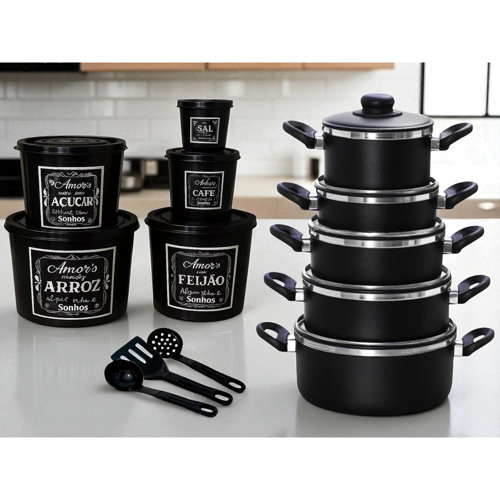JOGO DE PANELAS Completo com POTE DE MANTIMENTOS para Cozinha