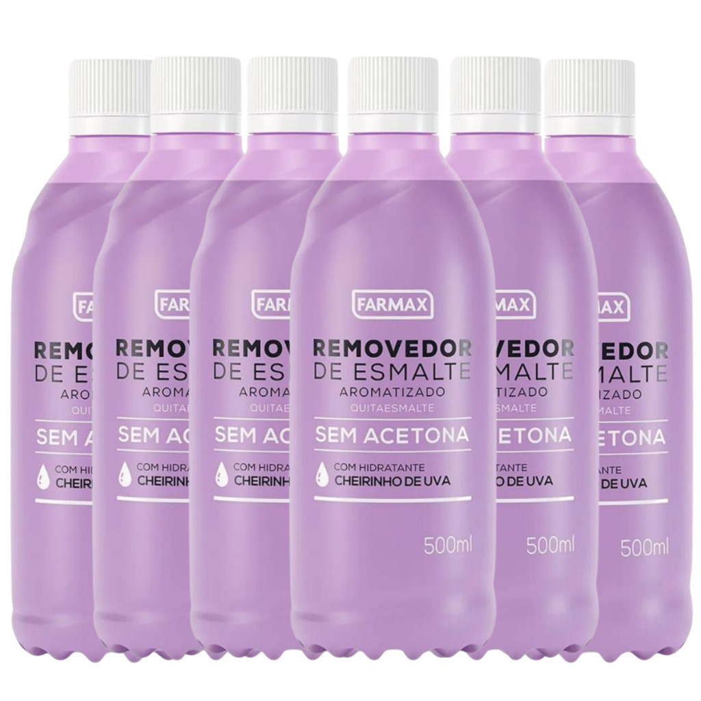 Kit 6 Removedor de Esmalte Sem Acetona Uva 500 ml Farmax Hidratação Unhas Cutícula Perfume Delicado