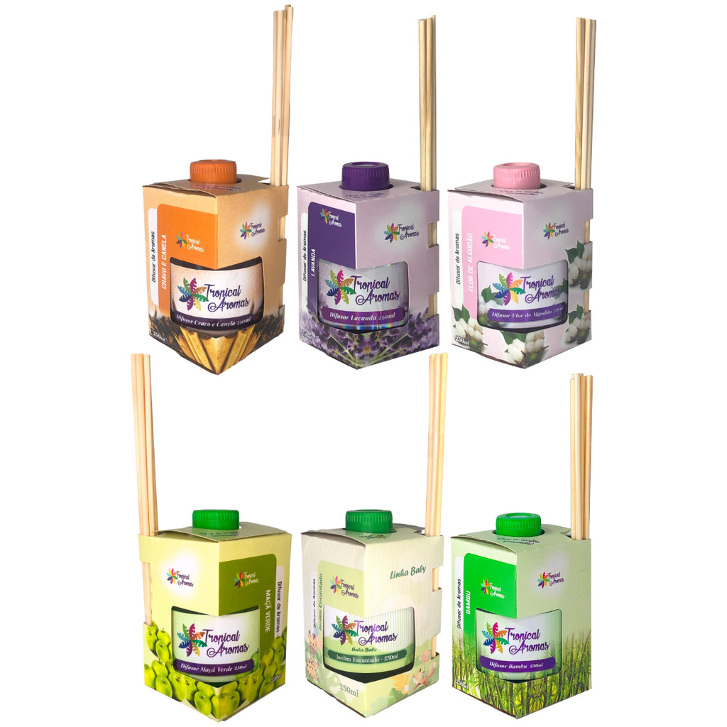 Kit Difusor de Ambientes Cravo e Canela Lavanda Flor Algodão Maçã Verde Jardim Encantado Bambu 250ml