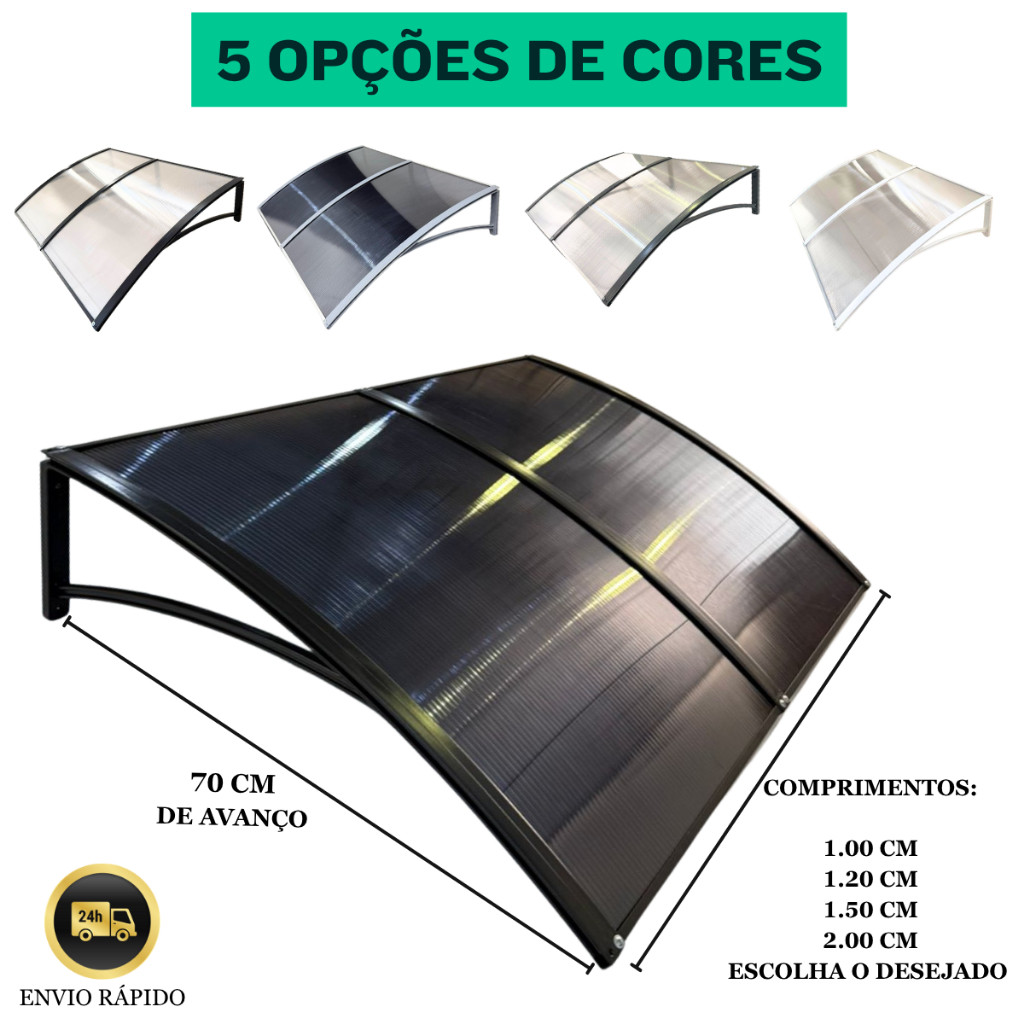 Toldo Policarbonato 100 a 200x70cm  Alta Resistência, Proteção UV area externa portas e janelas
