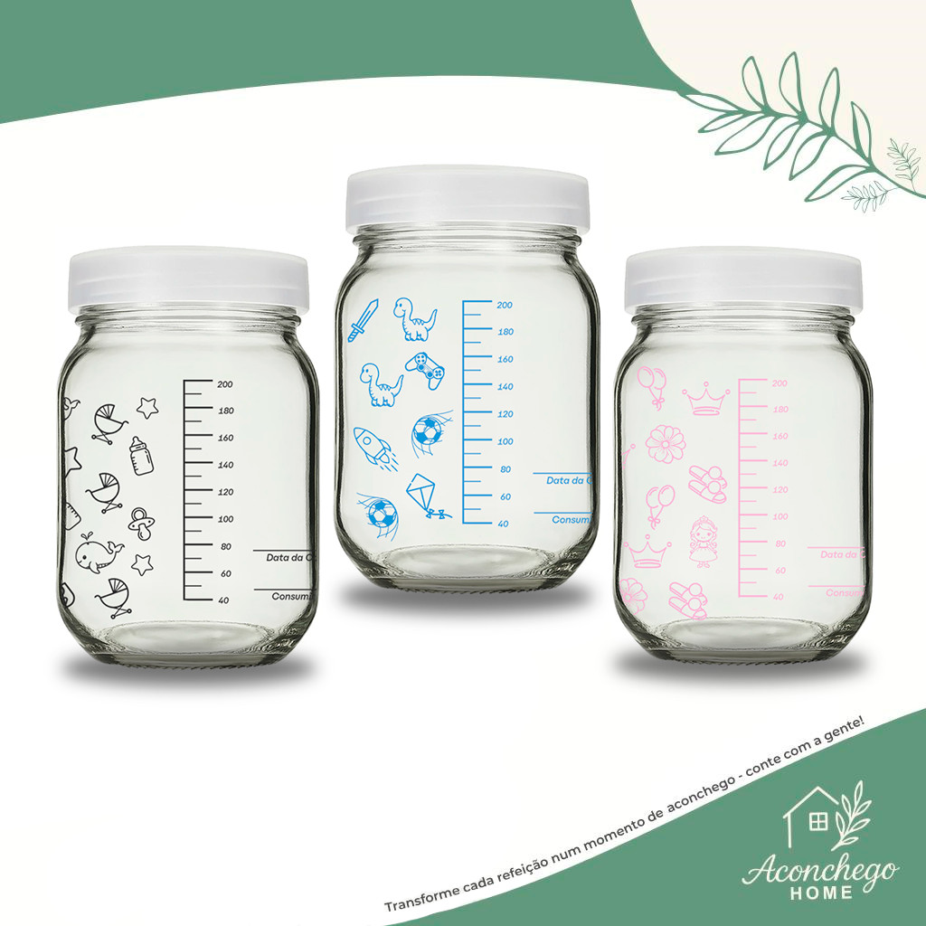 Kit 6 Potes Vidro Para Armazenar Leite Materno - Graduação 200ml 