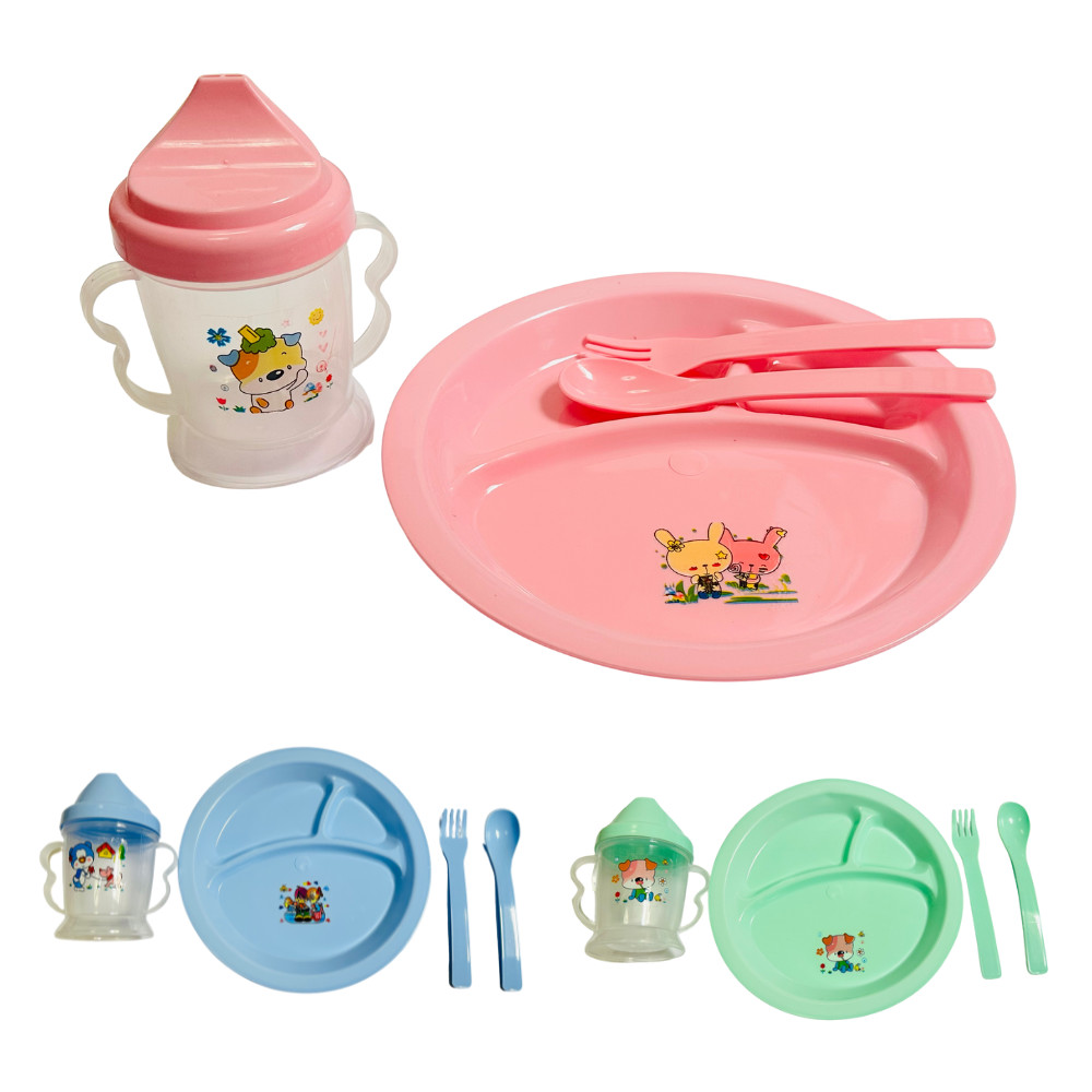 Kit Refeição Infantil C/ 4 peças Prato divisórias talheres garfo colher copo fofo Blw Introdução