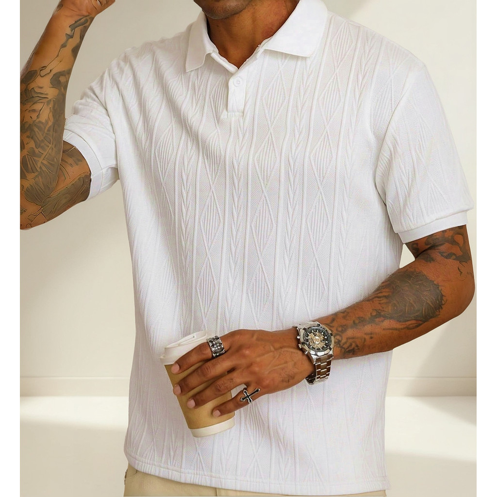 Camiseta Pólo De Seda Masculino Camiseta manga curta High-End Mesh Lapela Pólo de cor sólida Texturizada Verão Varias QA