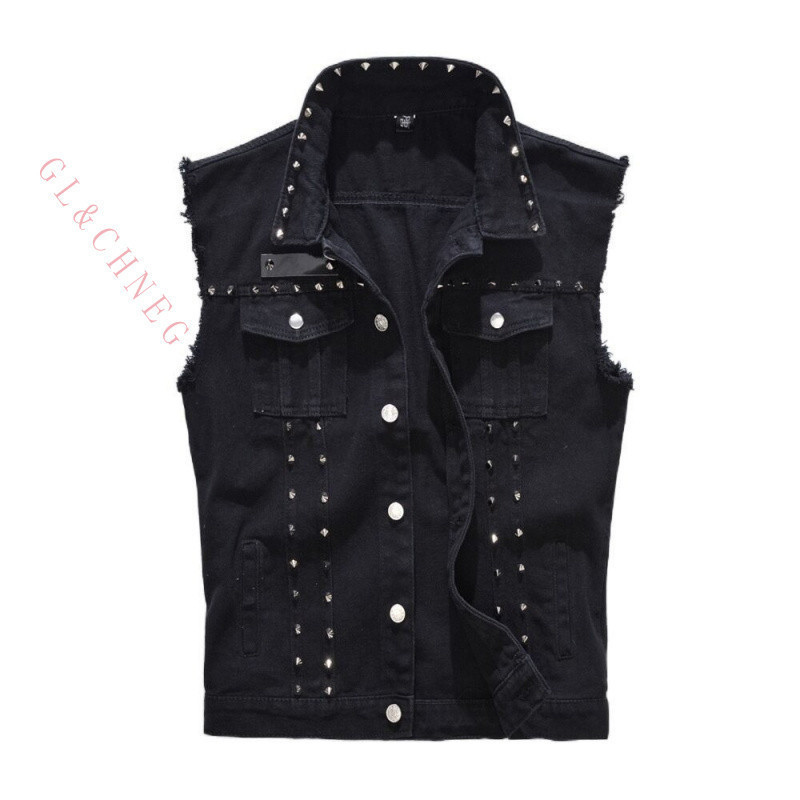 2025 Estilo Punk Jeans Rock Rebite Cowboy Colete Preto ZQCM P6YE