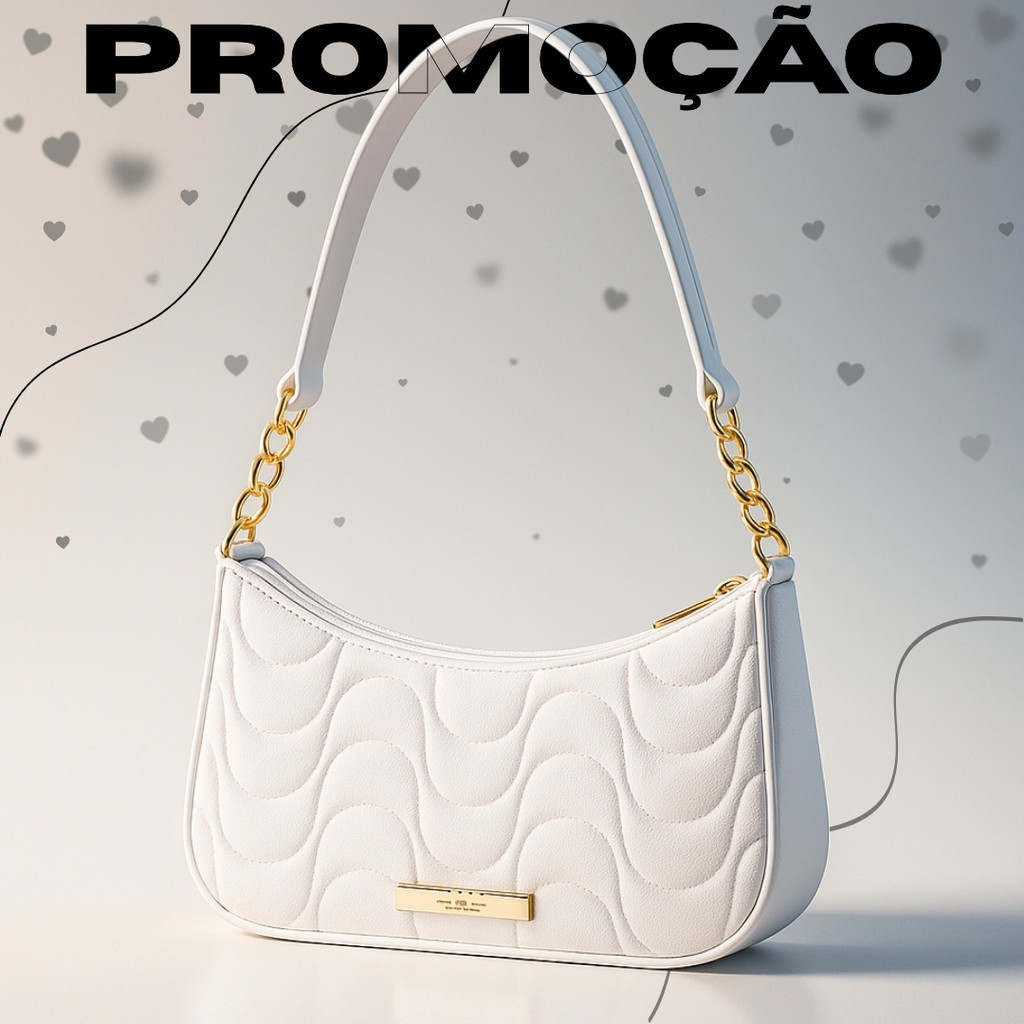 Bolsa Feminina Meia Lua Branca Estilo Baguete Com Alça Curta Dourada