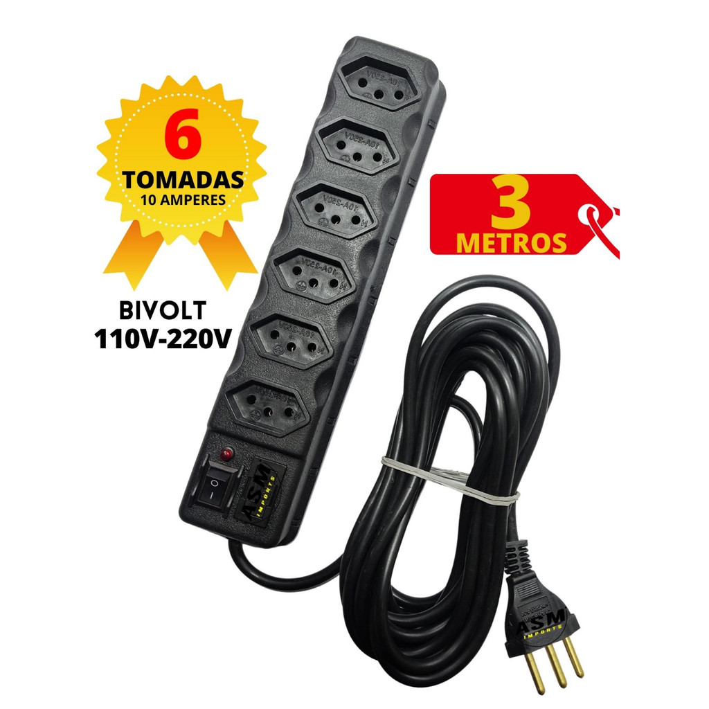 Filtro de Linha Régua 6,  5, 4 e 3 Tomadas + 3 Metros de fio Fusível 110v-220v VOLTINO