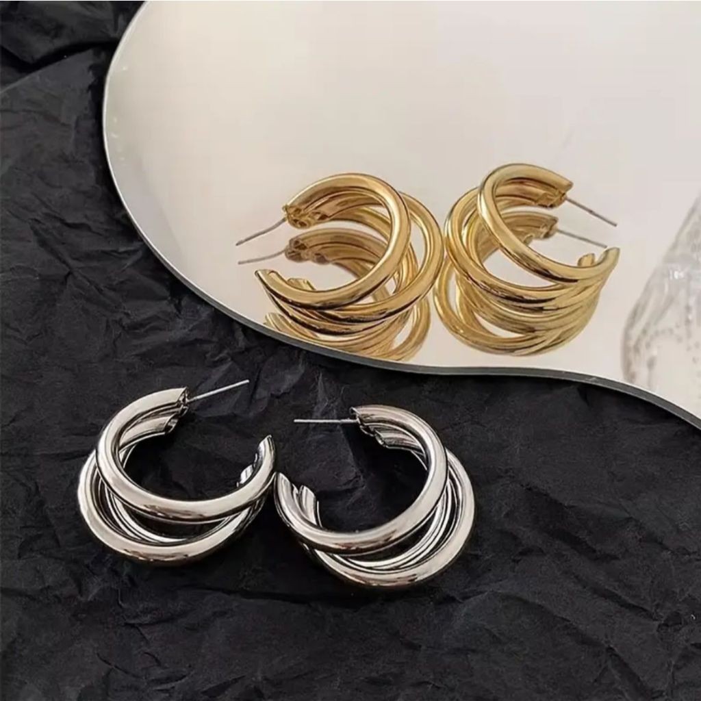 Kit 2 Brincos Argola Tripla Banhada a Ouro18k e Prata925