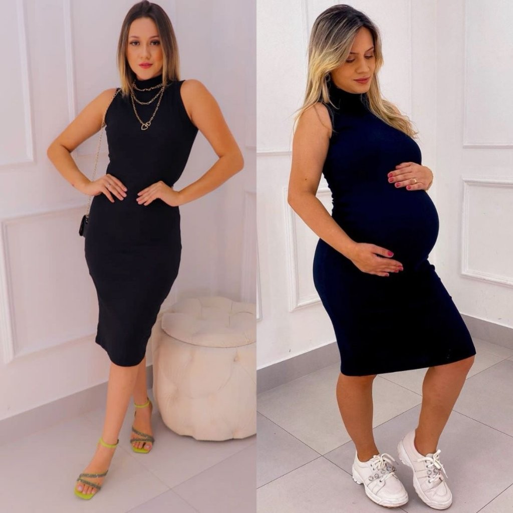 Vestido Feminino Ribana para Grávida Gola Alta Cavado Gestante