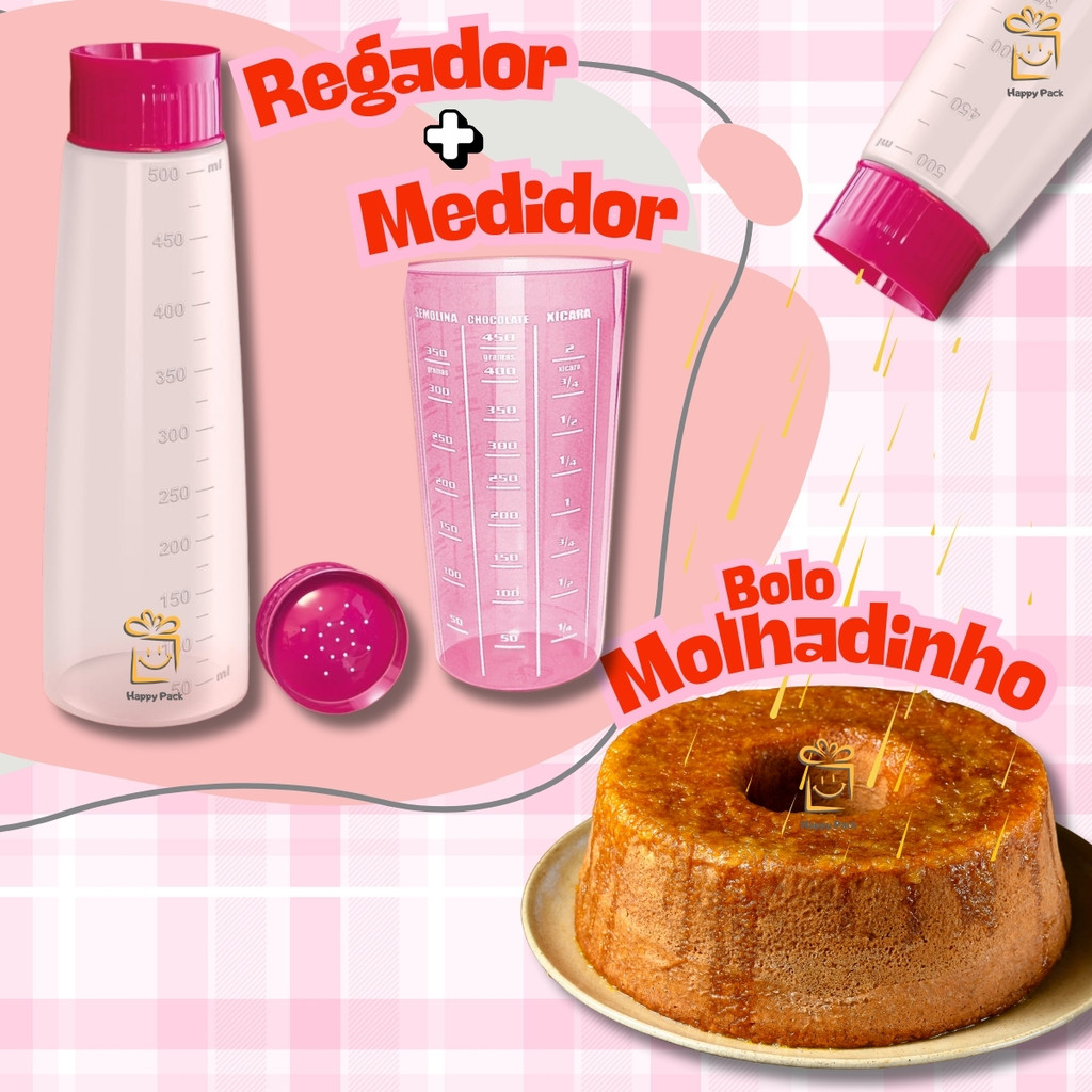 Regador Bolo + Copo Medidor Rosa 570ml Bisnaga Umedecedor de Bolo