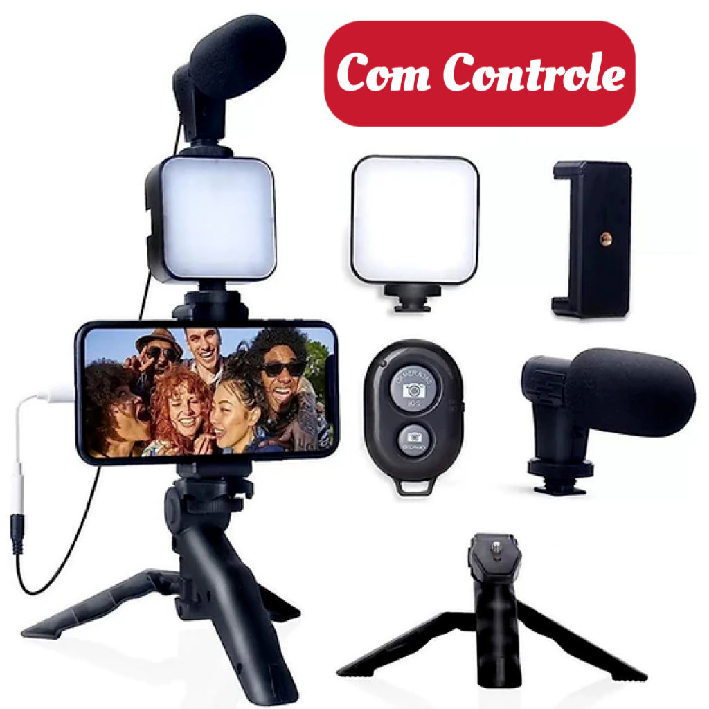 Tripé Estabilizador Gimbal de Mão kit 5 em 1 Youtuber Vlog Live Suporte Celular Led com Microfone Fazer Vídeos