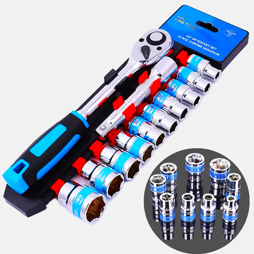Jogo de Soquete Sextavado 1/2 Catraca 12 Peças 10 a 24mm com Extensão para Reparos e Manutenção de Máquinas