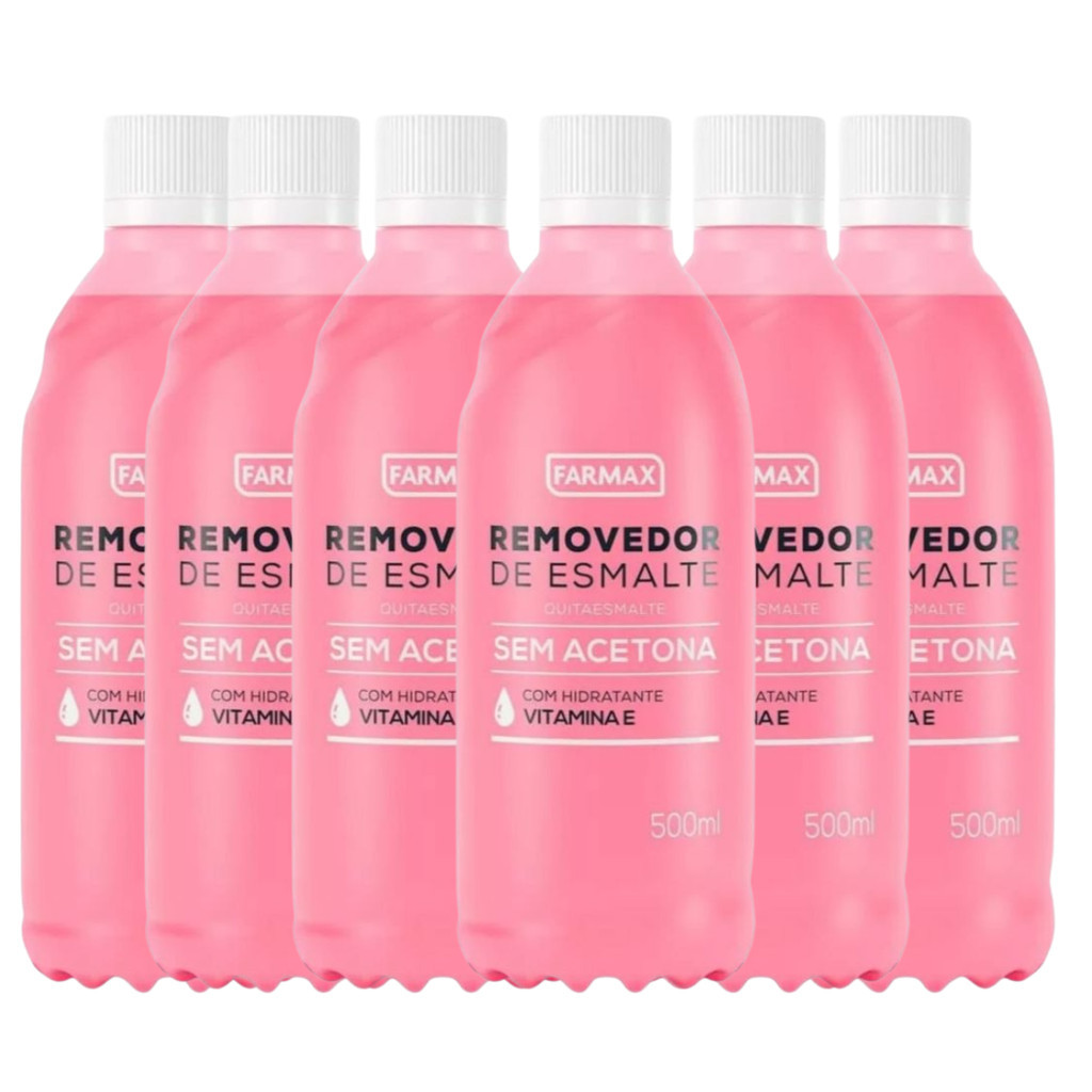 Kit 6 Removedor Esmalte Farmax Vitamina E 500ml  Sem Acetona Vegano Hidrata Cutículas Saudáveis