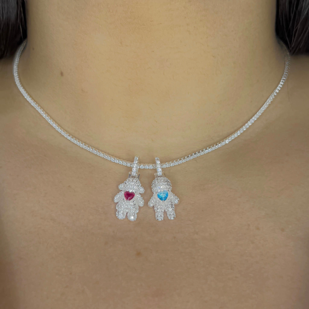 Colar Filhos Pingente Menino/Menina com Pedras Feminino Prata 925
