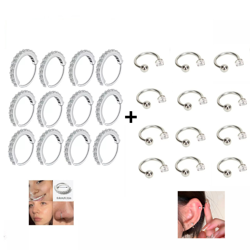 Kit 12 Unidades Piercing Aba nasal +12 Piercing para Nariz helix com 1 Zircônia Cor Prata