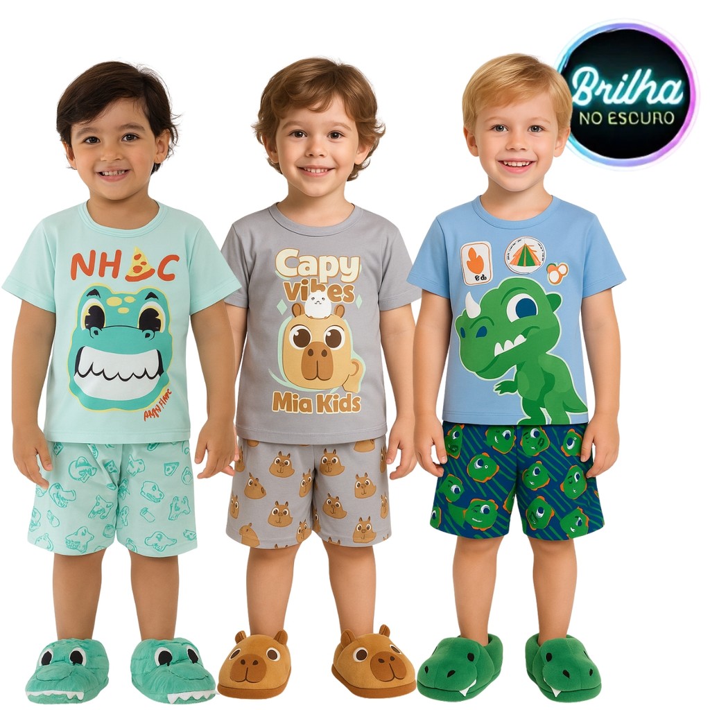 Conjunto Pijama Brilha no Escuro Personagens Menino Infantil Mickey Homem Aranha Dinossauro