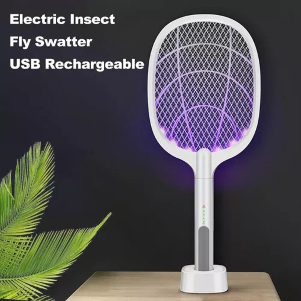 Raquete Elétrica Led Mata Insetos Recarregável Usb Armadilha  Uv Luz Roxa