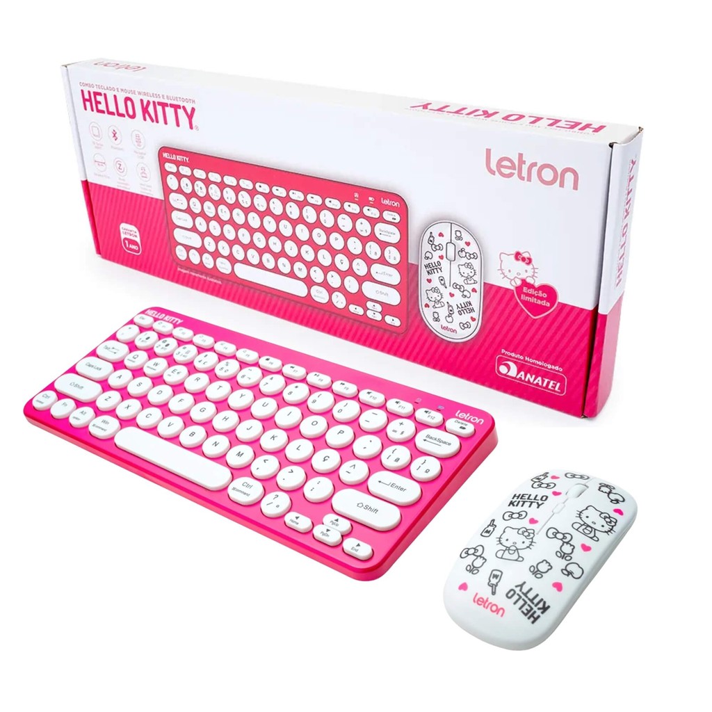 Kit Teclado e Mouse Wireless Bluetooth Hello Kitty Letron Leo&Leo Leonora Informática Criativa WIFI