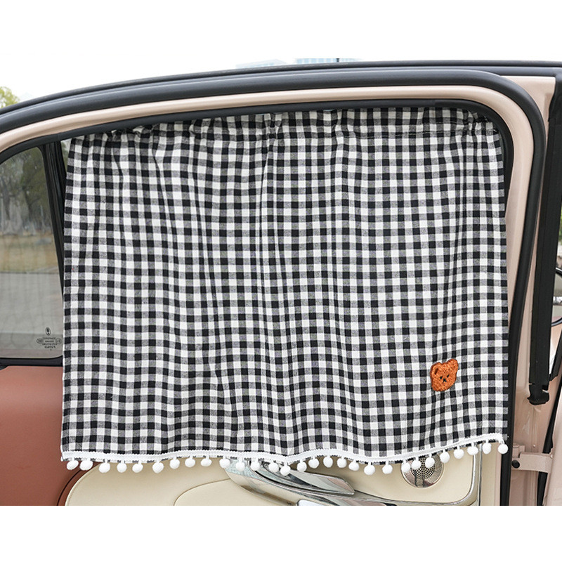 Pára-Sol Do Carro Cortinas Laterais Dos Desenhos Animados Algodão Xadrez Urso Verão Proteção Solar E Isolamento Térmico