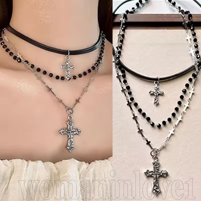 Colar De Contas De Cristal Preto Multicamadas-Acessórios De Joias-Gargantilha Com Pingente De Cruz-Vintage , Y2K , Sweet