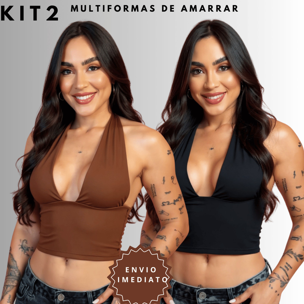 Kit 2 Blusas Cropped Com Amarraçao Multiformas Decote Forado Festa Moda Gringa Decotado Suplex Sexy Sustentaçao