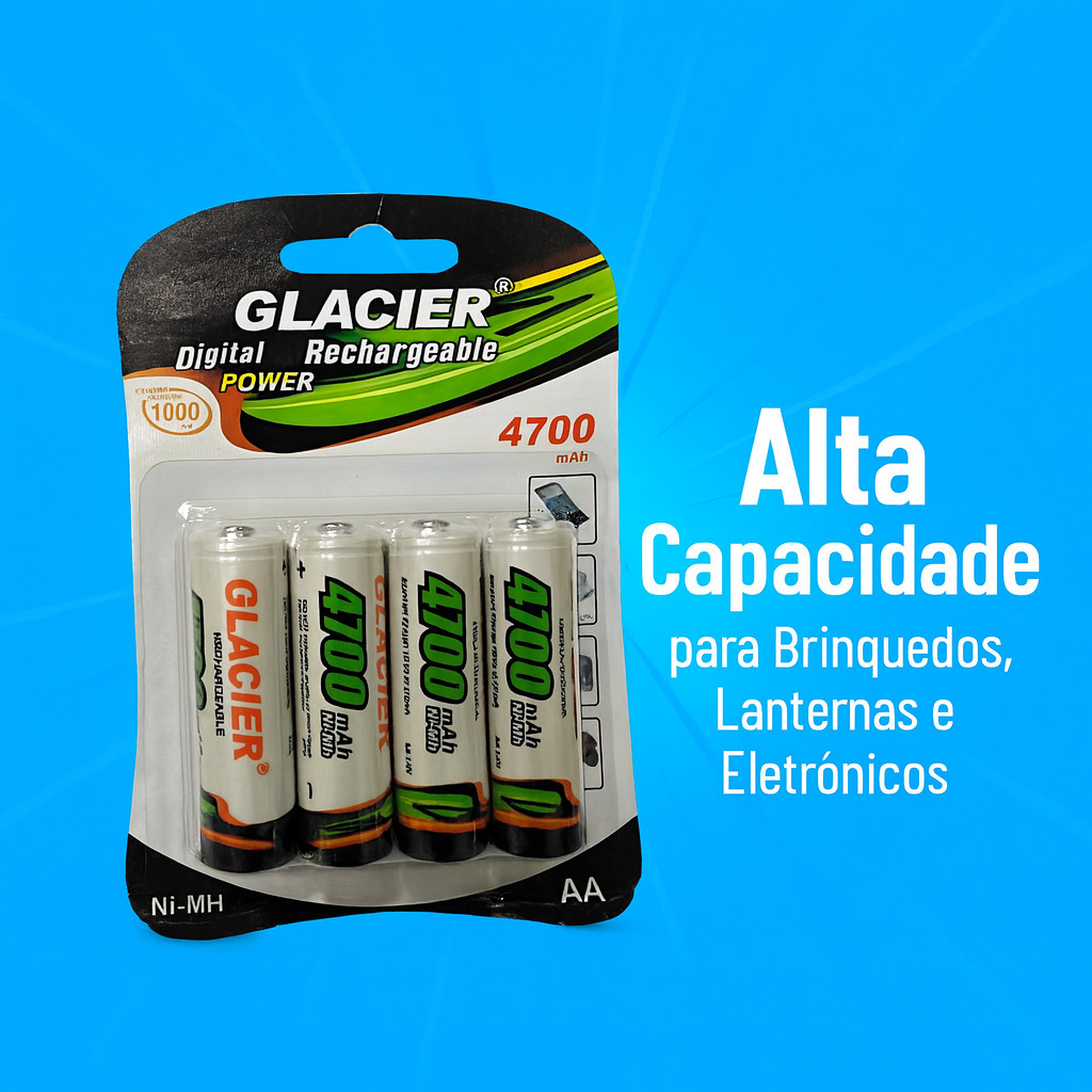 Kit Pilhas Recarregáveis AA 4700mAh – Alta Capacidade p/ Brinquedos, Lanternas e Eletrônicos