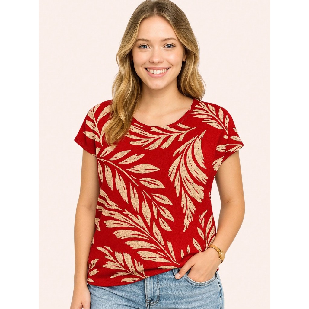 Blusa soltinha malha crepe estampada decote redondo