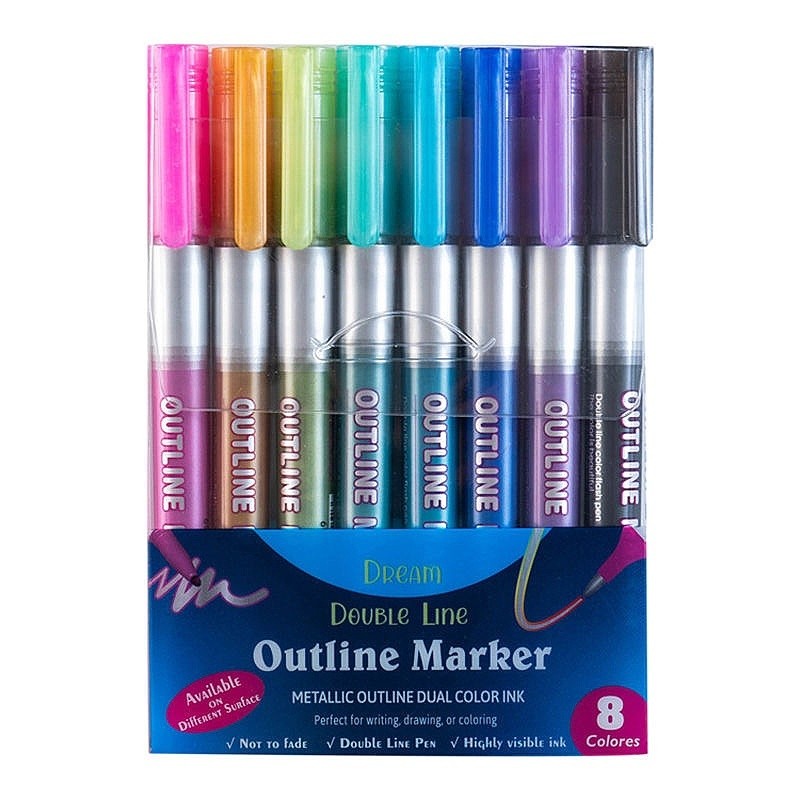 Kit de 8 peças Caneta Outline Marker Metálica Linha Dupla Arte Caneta Contorno para Álbum Scrapbook