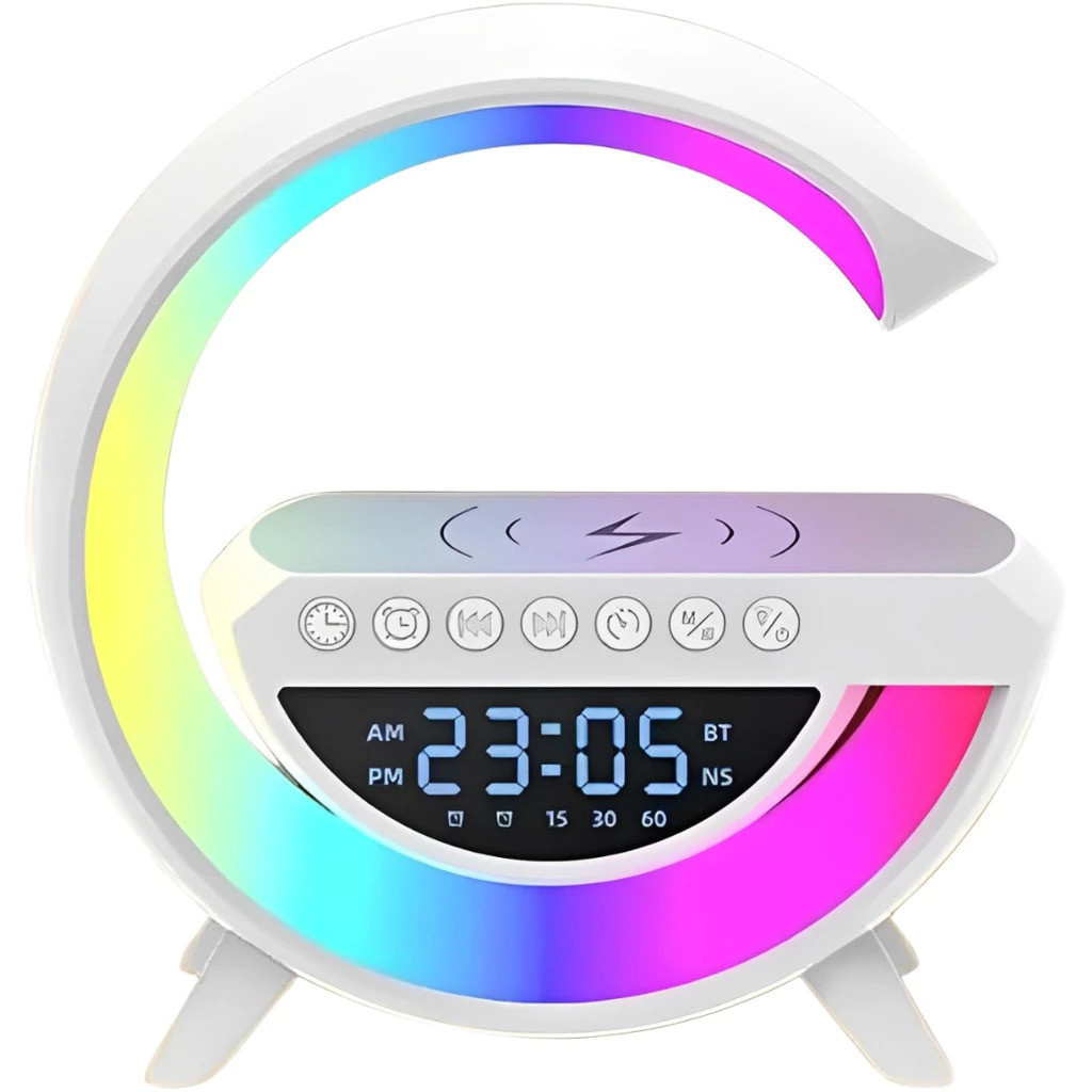 Caixa de Som com Relógio e Luminária G RGB Colorida Bluetooth Carregamento por Indução