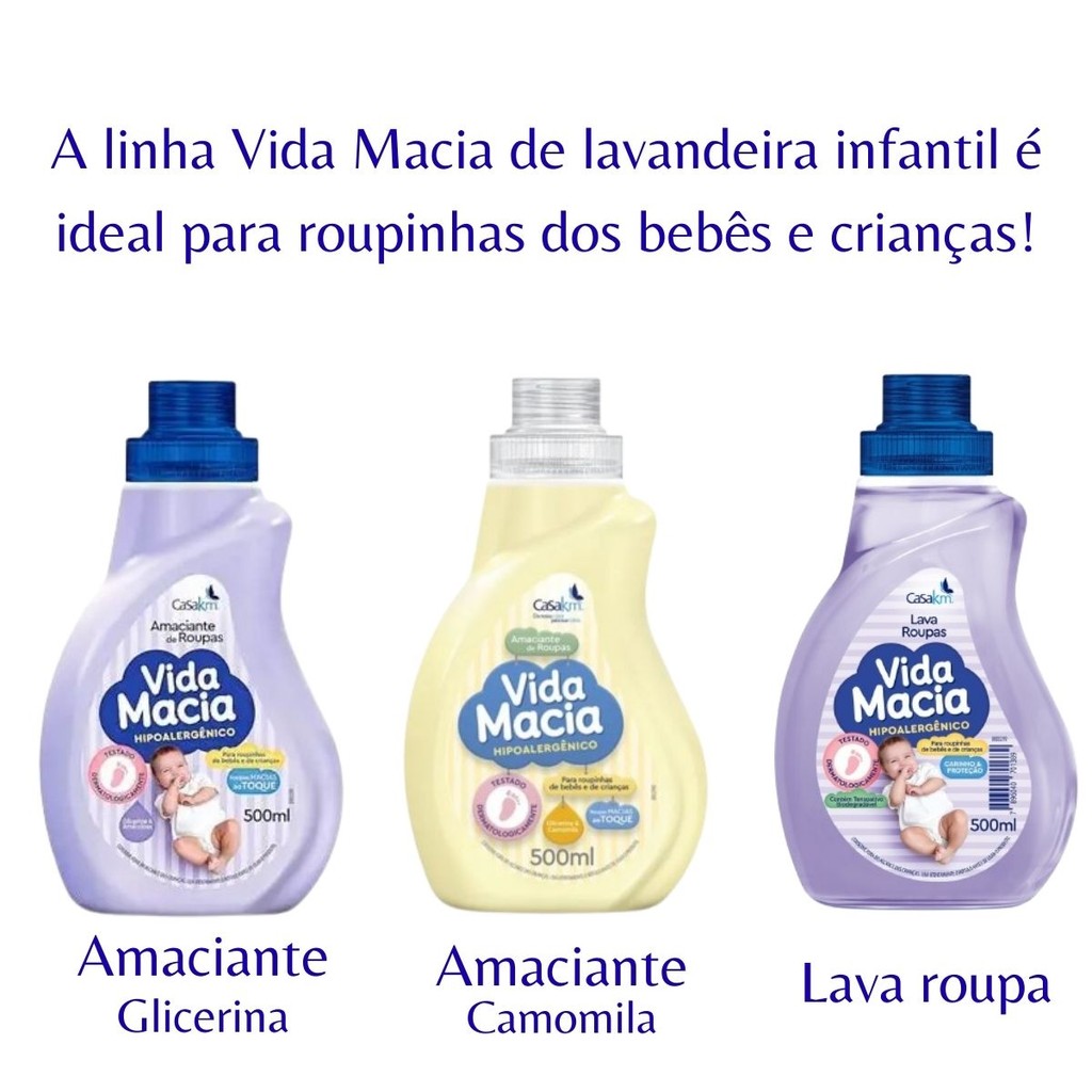 Kit 3/ - 2-Amaciante Camomila/glicerina-1 lava roupa 500ml cada - Vida Macia para bebê