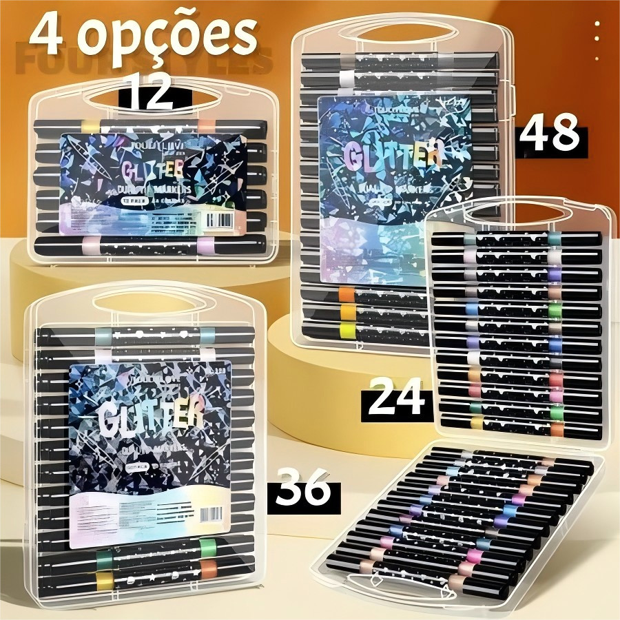 Marcador metálico 12/24/36/48/60 caneta de glitter de cabeça dupla marcador de cabeça dupla brilhante