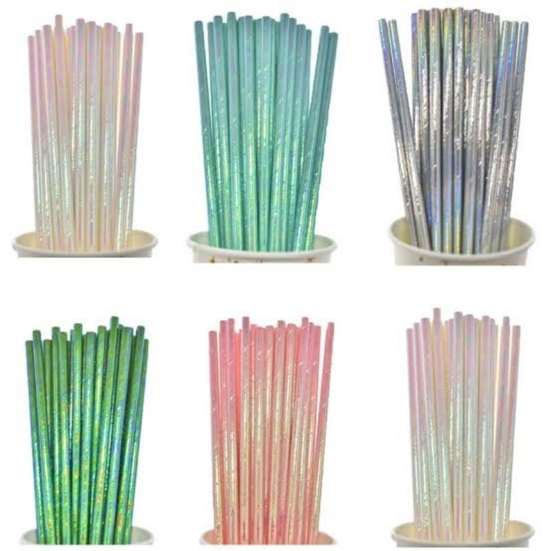 Canudo de Papel Nacarado Prata Branco Rosa Verde Holográfico furtacor decoração festa topo de bolo