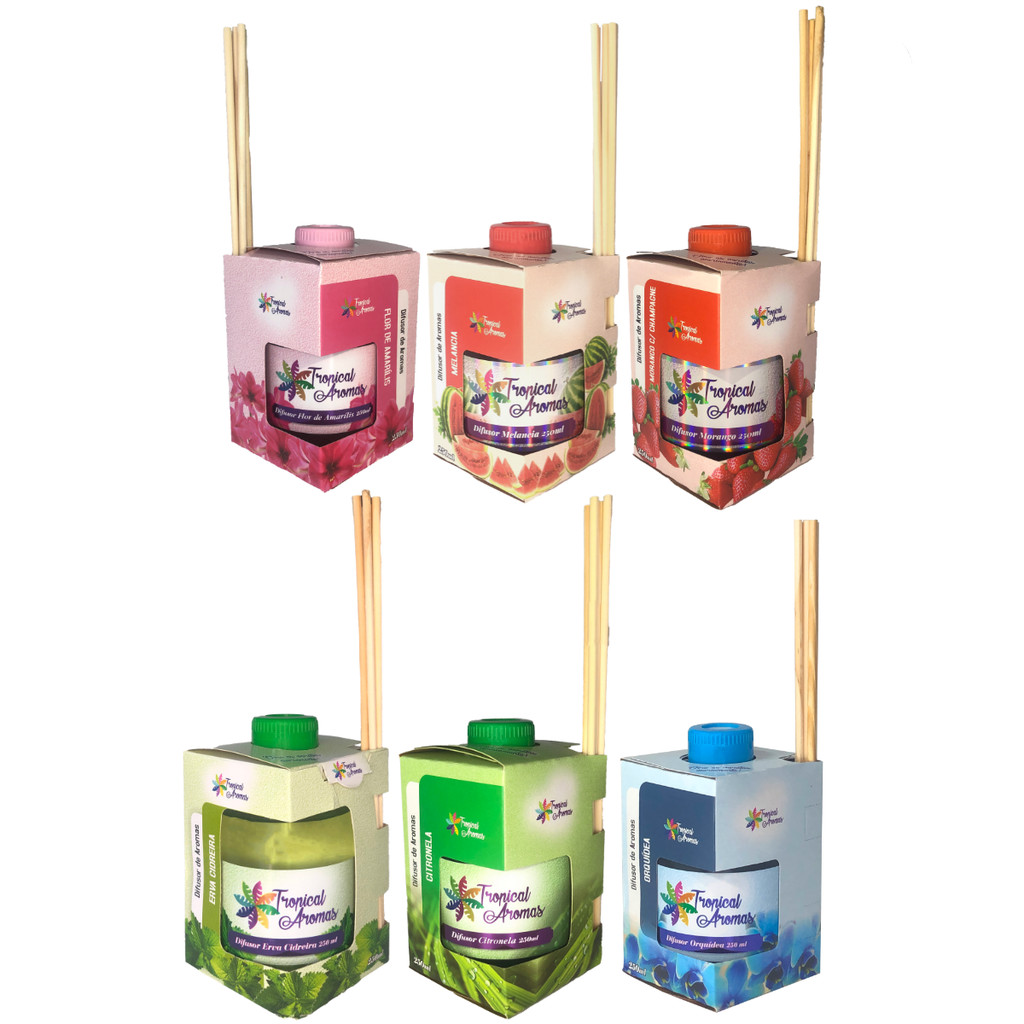 Kit Difusor de Ambientes 6 Aromas Flor de Amarílis Melancia Morango Erva Cidreira Citronela Orquídea Azul