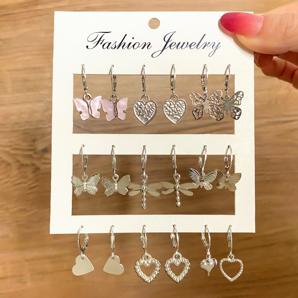 Conjunto de brincos pequenos em forma de coração e borboleta, elegante, adequado para casamentos e presentes mulheres