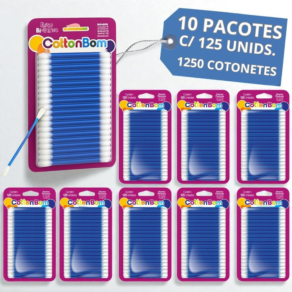 1250 Hastes Flexíveis Cotonetes CottonBom Line 125 Unidades Cada Cartela Caixa Atacado