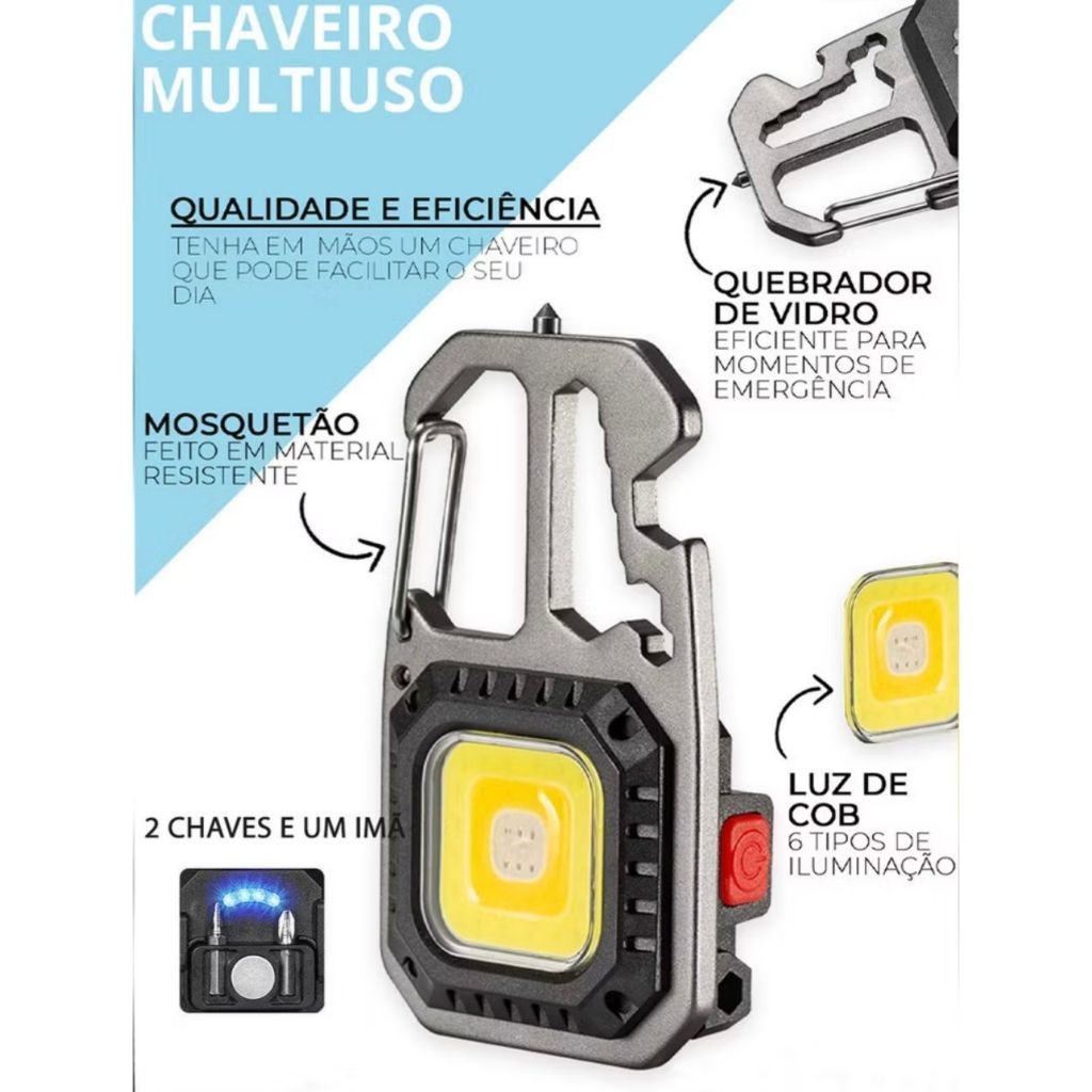 Lanterna de Bolso LED 6 Modos com Mosquetão – Praticidade no Seu Chaveiro"