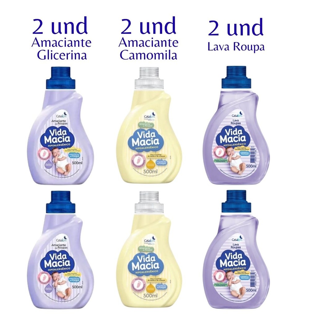 Kit Vida Macia: para roupinhas de Bebê 2 Lava Roupas + 4 Amaciantes Camomila/Glicerina - 500ml/cada
