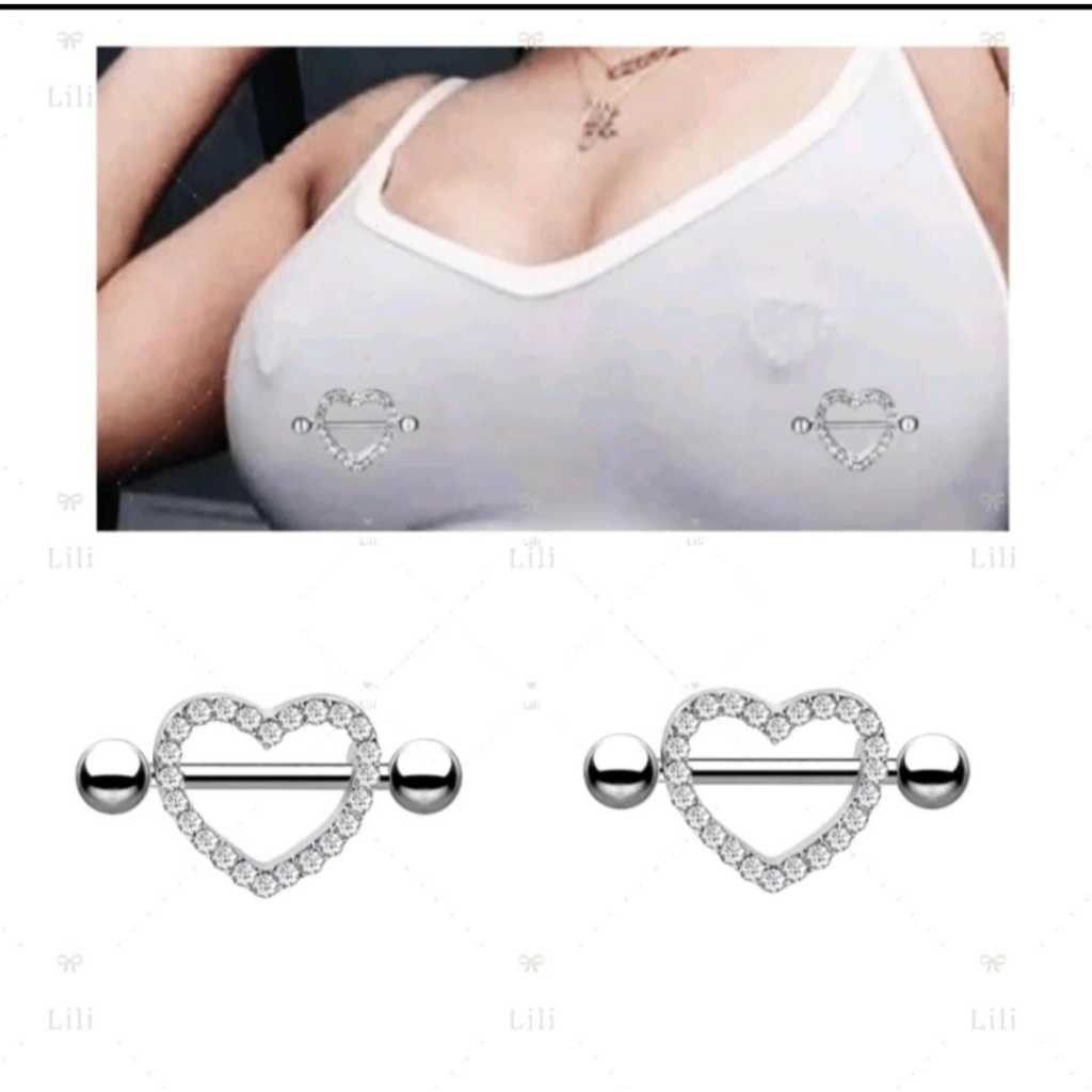 kit 2 Piercing Coração mamilo peito seio de Aço Cirúrgico Cravejado Zircônia