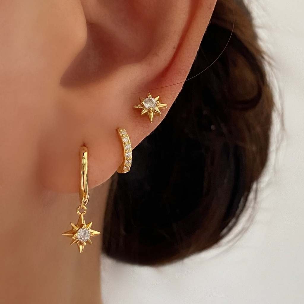 Kit 3 pares de brincos elegantes femininos em formato de estrela, em prata 925, com zircônias e banho de ouro 18K
