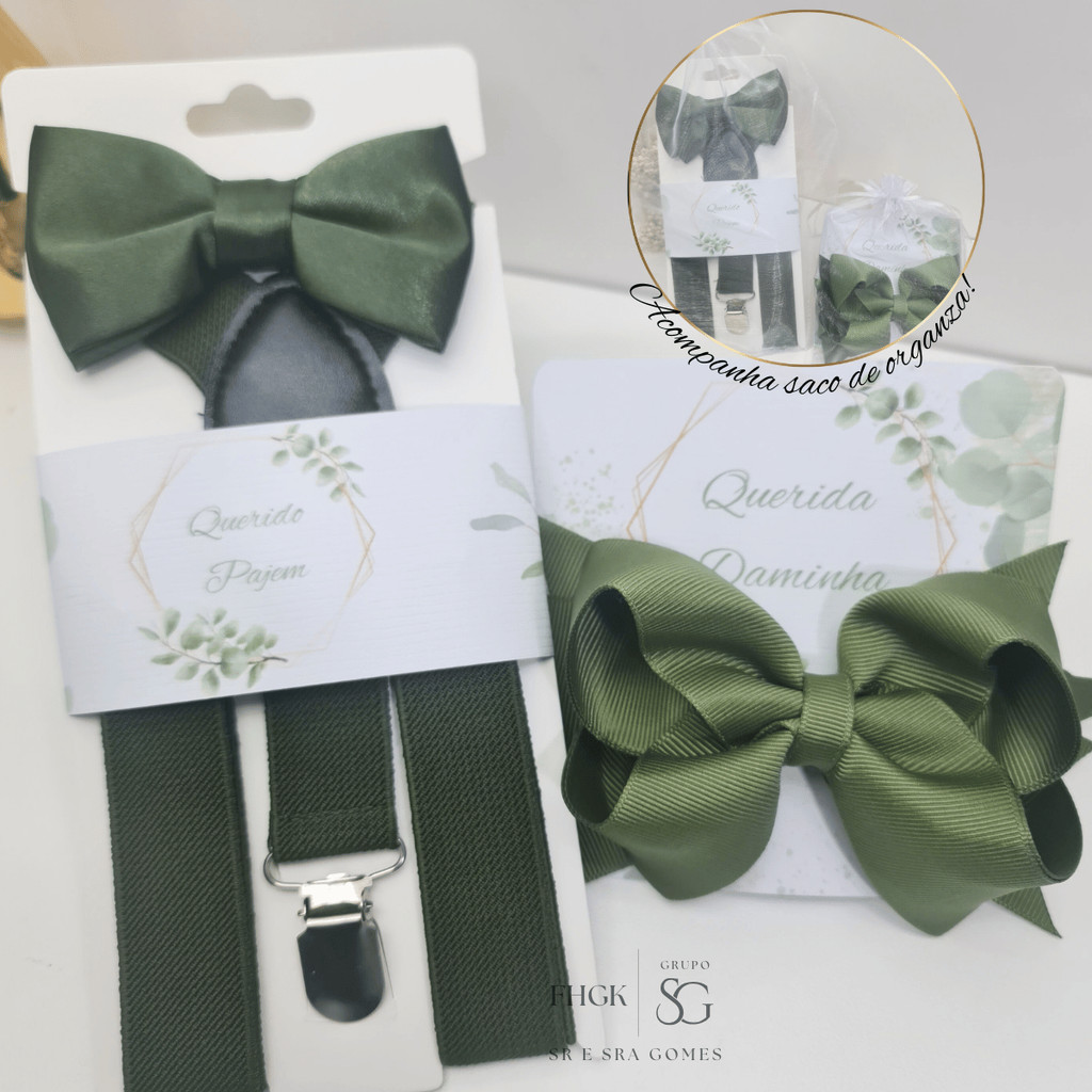 Kit Pajem ou Daminha Infantil com laço cabelo ou kit Suspensório e Tags enviados em saco de Organza