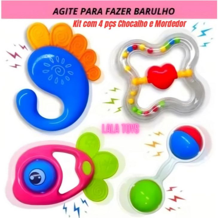 Brinquedos Para Bebê Kit com 4 pçs Chocalho + Mordedor Macio Colorido