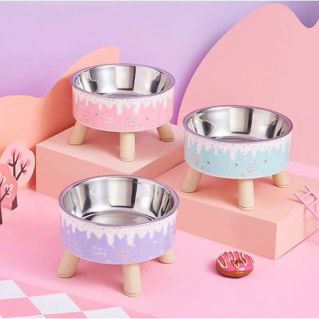 Tigela Para Gatos e Cachorro De Pés Altos Com Proteção Do Pescoço De Aço Inoxidável Animais De Estimação Antiderrapante