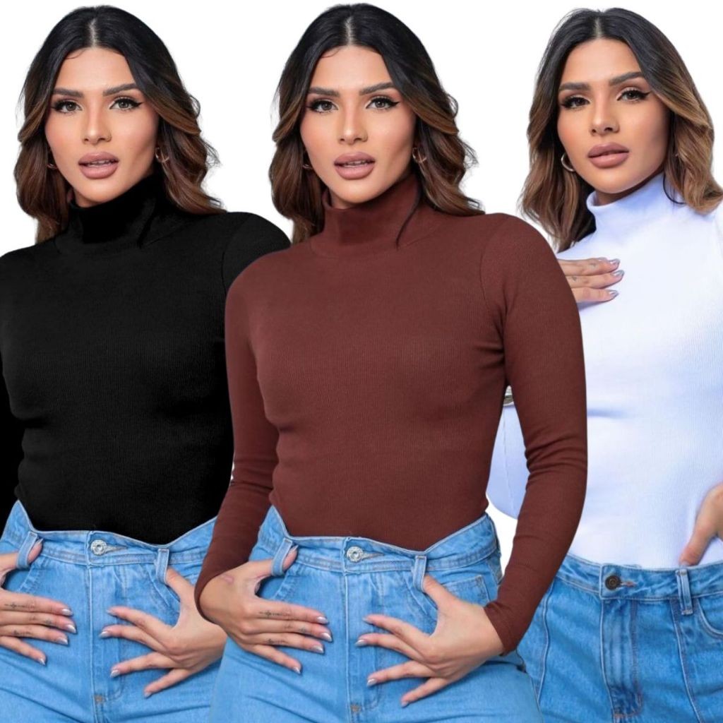 Kit 3 Blusa Cacharrel  Gola Alta Manga Longa Feminina Básico Casual  Canelado Algodão